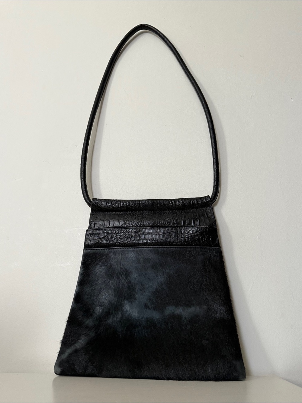 Vintage Black Pony Hair Shoulder Bag Croc Embossed Crossbody